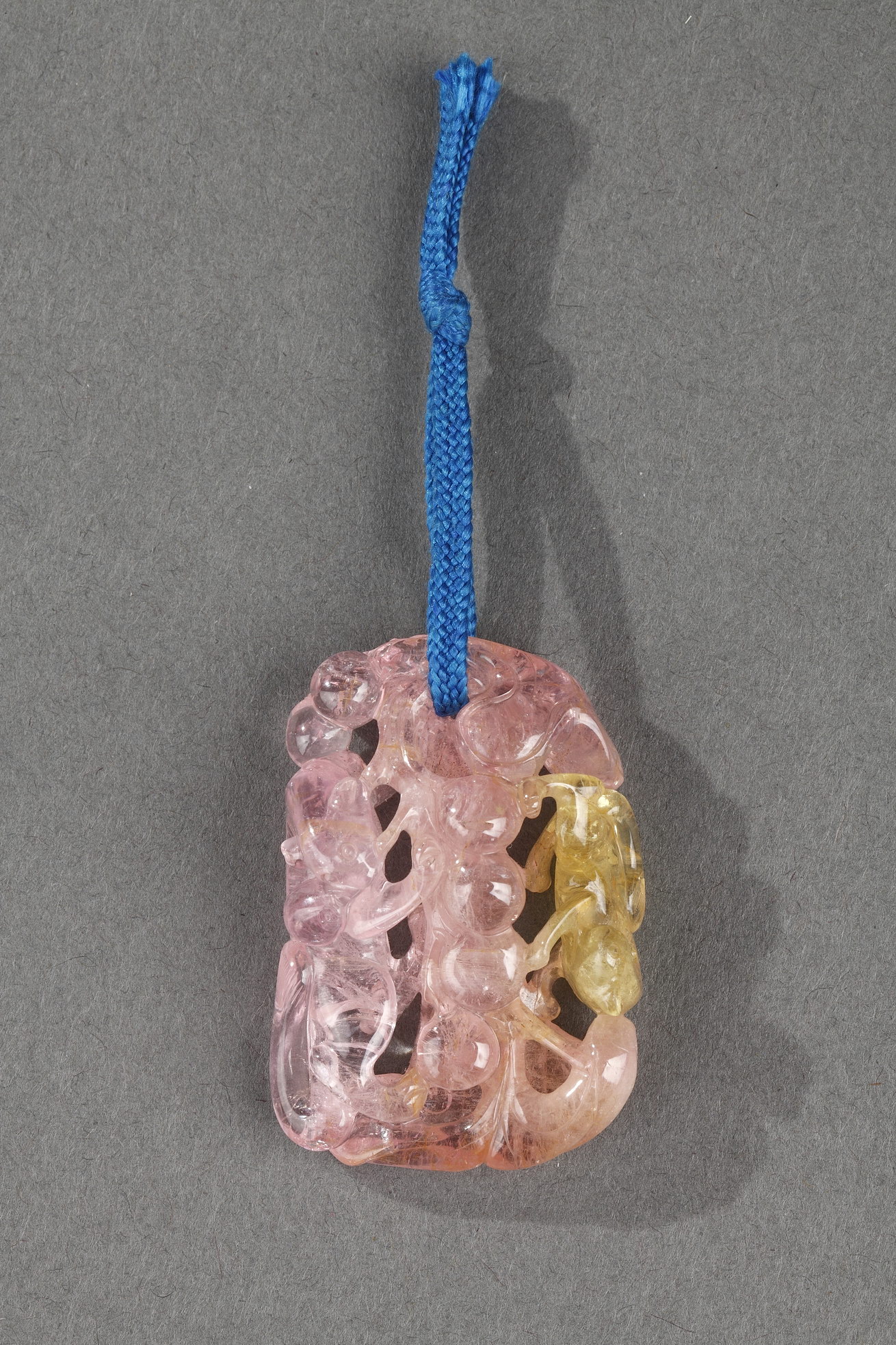 Tourmaline pink and yellow pendant carved in the shape of squirrel and grapes
